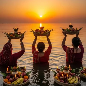 Women praying to Sun God in Chhath celebration